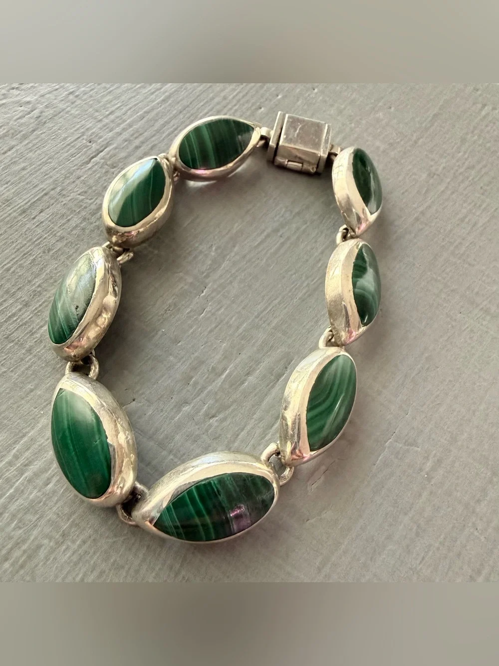 Taxco Mexico Malachite Stone Sterling Silver Chunky Bracelet